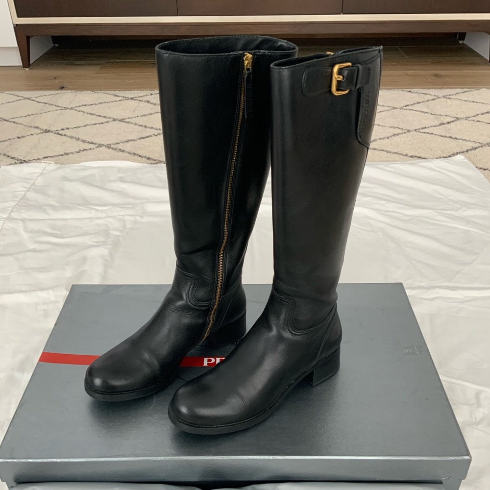 PRADA Linea Rossa knee high black leather boots